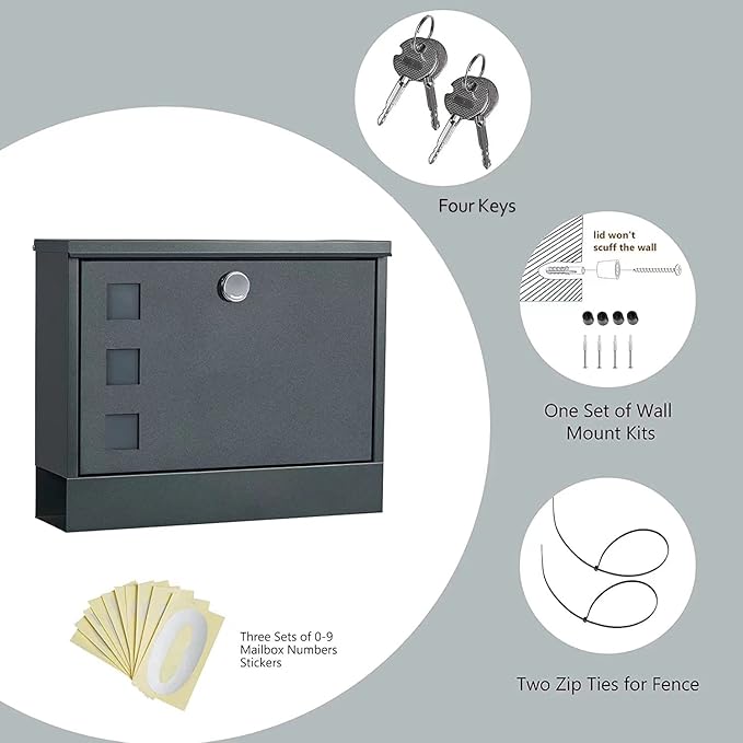 LAND·VOI Locking Mailbox Wall Mounted, Metal Postbox with Three Sets of Mail Box Number Stickers, 4 Keys, 14.4" x 4.5" x 11.2", Large Capacity, Anthracite Gray AMB11G