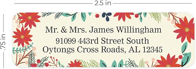 Ivory Holiday Floral Rolled Address Labels/Roll of 500 Personalized Return Address Labels/Designer Return Address Stickers in Elegant Plastic Dispenser