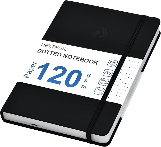 Nextnoid Hardcover Dotted Journal Notebook - 120 GSM Thick Paper, Medium A5-256 Pages - Perfect For Handwriting, Diagrams, Note-Taking and To-Do Lists (Dot, Black)