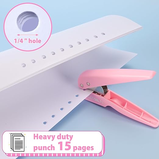 Single Hole Punch, with 30 Pcs Loose Leaf Binder Rings, 1/4" Hole Punches, 50% Labor Savings, Paper Hole Puncher, 15 Sheet Capacity, for Paper Cards Plastic Cardboard, Lightweight, Pink