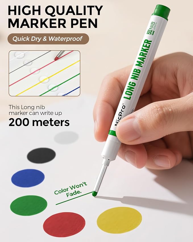 Nicpro 12 PCS Long Nib Marker Pens, 20mm Deep Hole Markers, Quick Dry & Waterproof Construction Marker, Long Head Mark Pens for Metal, Steel, Tile, Glass, Carpenter Marking Tool for Woodworking