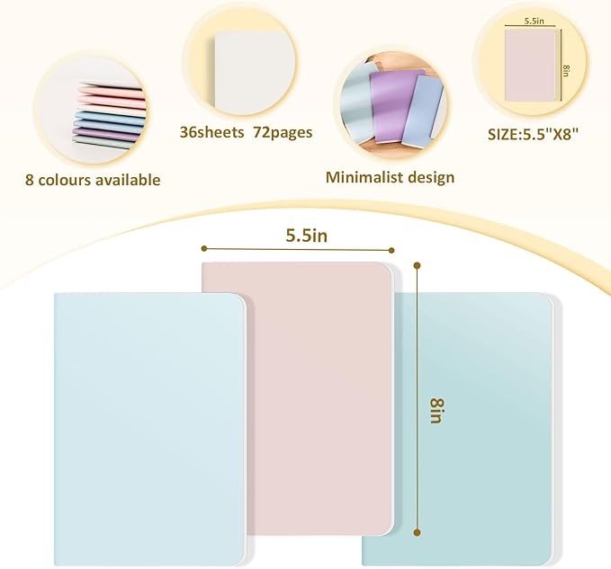 Ddaowanx Notebooks, Journals in Bulk, Blank Paper Sketchbooks, 72 Pages, 36 Sheets, 80GSM, 8.3x5.5 Inch, A5 Size, Travel Writing Notebooks Journal for Office School Supplies (Blank-24pack, 8 Colors)