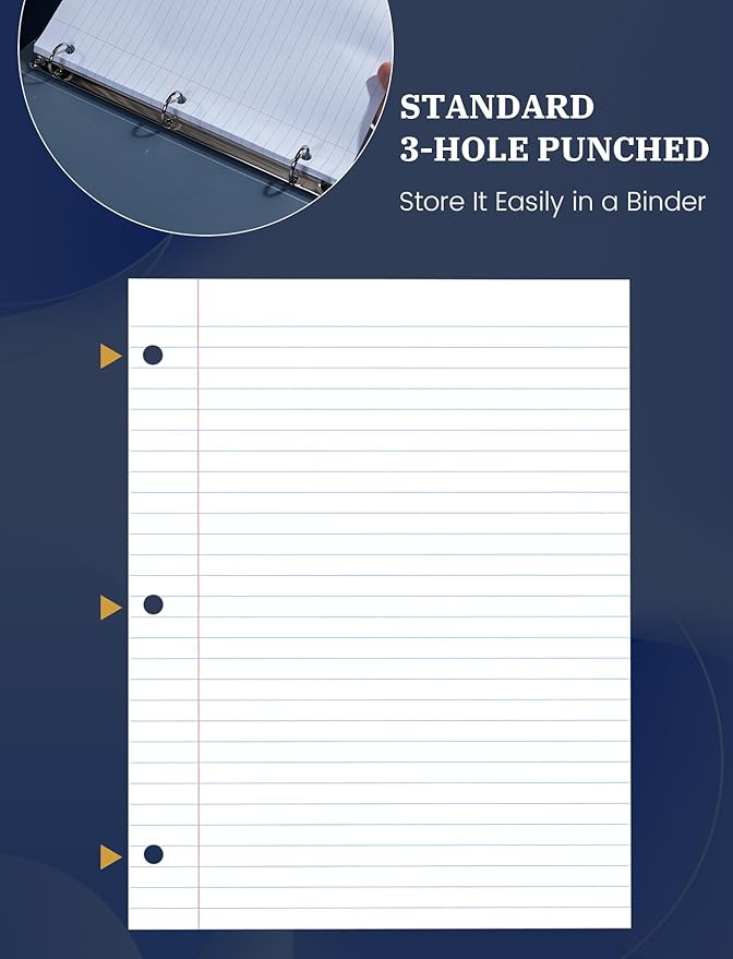 Loose Leaf Paper, 300 Sheets Notebook Paper, 3-Hole Punched Binder Paper 8-1/2 x 11 In Filler Paper, Wide Ruled Loose Leaf Paper 8.5 x 11 Lined Paper for 3 Ring Binder, White, 3 Pack, 100 Sheets/Pad