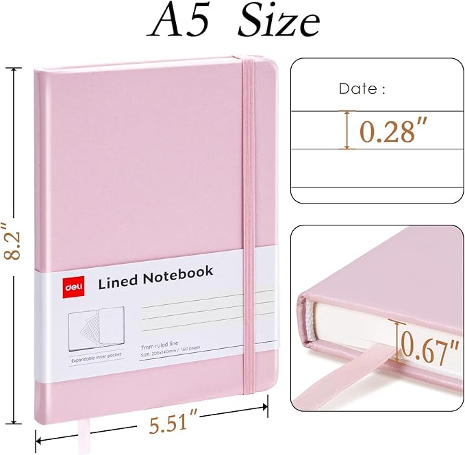 deli 6-Pack Lined Journal Notebook, 160 Pages Hardcover Writing Notebook, A5 (5.5"x8.2") College Ruled Notebook for Office, School, Work Notes
