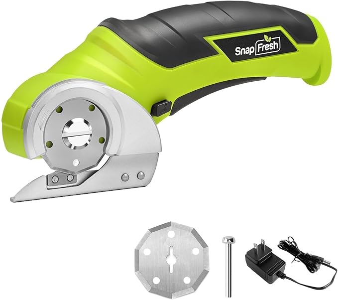 SnapFresh Cordless Electric Scissors, 4V Electric Mini Box Cutter, Carpet & Cardboard Cutter Tool with a Replacement Blade/Charger, Rotary Cutter for Cardboard Packages Leather Plastic （Green）