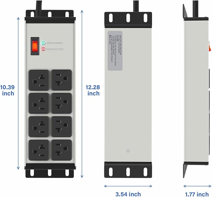 CCCEI Grey Heavy Duty Power Strip Surge Protector 20 AMP, 8 Outlets 12 Gauge Industrial Shop Garage Metal Multiple Outlets, 20 FT Extension Cord 5-15P Adapter High Amp 6-20R T-Slot 20a for Appliance
