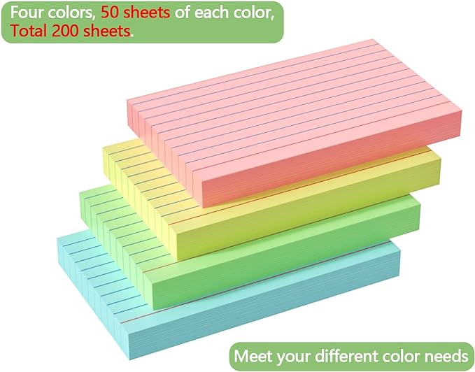 Colored Index Cards 3x5, 200 Pack, Ruled Index Cards, Flash Cards for Studying, Heavy Note Cards for Office, Home and School，Four Colors, Each Color Individually Wrapped, 50 Pack Per Package