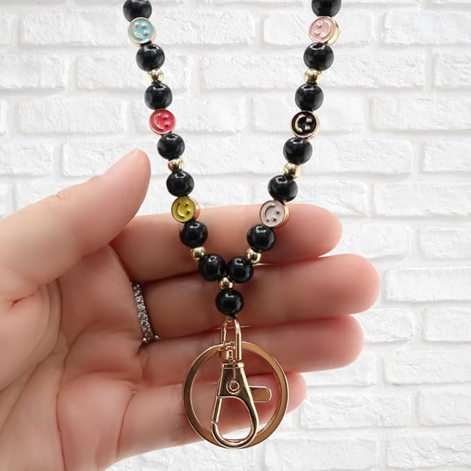 Smile Teacher Lanyard for Women ID Badges and Keychain Cute Happy Wood and Metal Beaded Lanyard Badge Holder