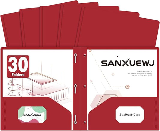 30 Pack Two Pocket Folders Business Card Holder Plastic Folders with Prongs for School Office Filing Cabinet Resume Portfolio (Red)
