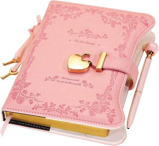 Diary with Lock and Keys for Girls Gift Ideas, 360 Gold Edged Pages Journal for Women, B6 Refillable Notebook for Writing with Pen and Bookmark (Garden Pink)