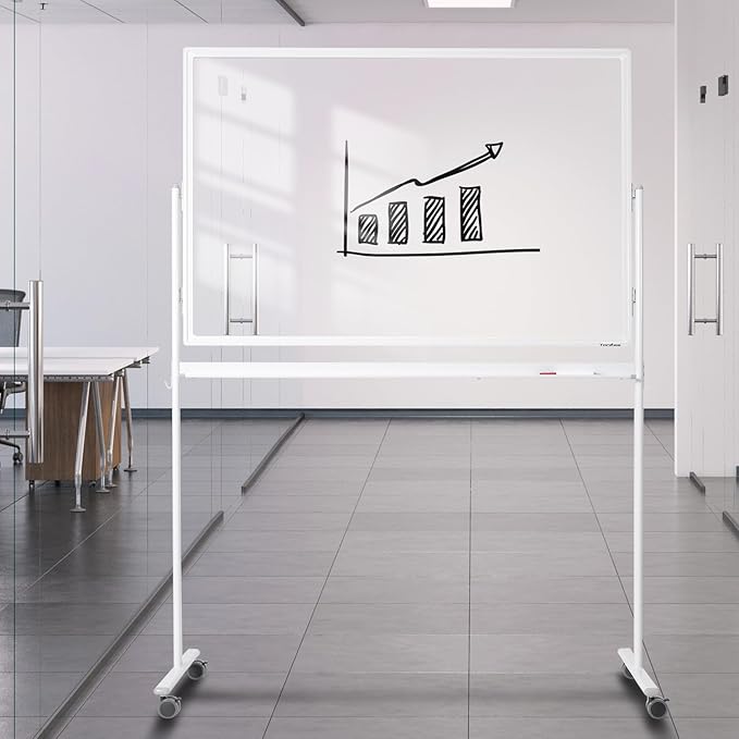 Mobile Clear Glass Whiteboard, TANKEE 48" X 32" Standing White Board on Wheels, Large Rolling Dry Erase Board with Stand, Transparent Tempered Glass Board with Paper Pad, Great for Office Home School