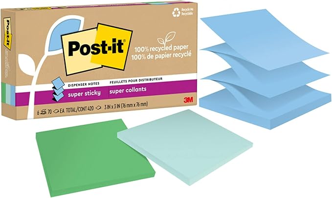 Post-it Super Sticky 100% Recycled Pop-up Notes, 3 in. x 3 in., 70 Sheets, 6 Pads, Oasis Collection, School Supplies and Office Products