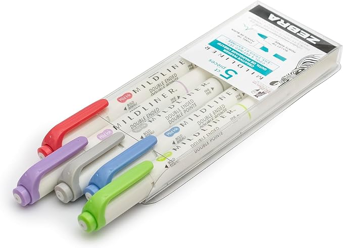 Zebra Pen Mildliner, Double Ended Highlighter, Broad and Fine Tips, Assorted Cool and Refined Colors, 5-Count