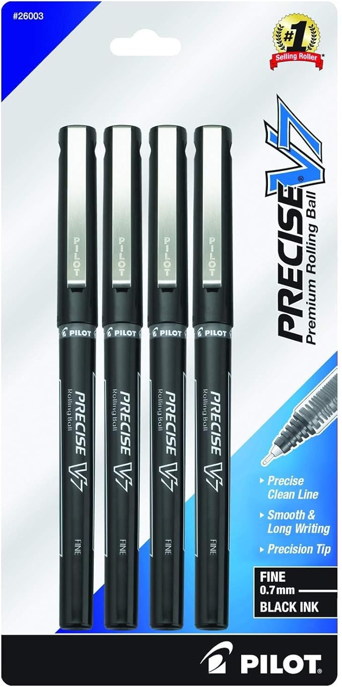 Pilot, Precise V7, Capped Liquid Ink Rolling Ball Pens, Fine Point 0.7 mm, Black, Pack of 4
