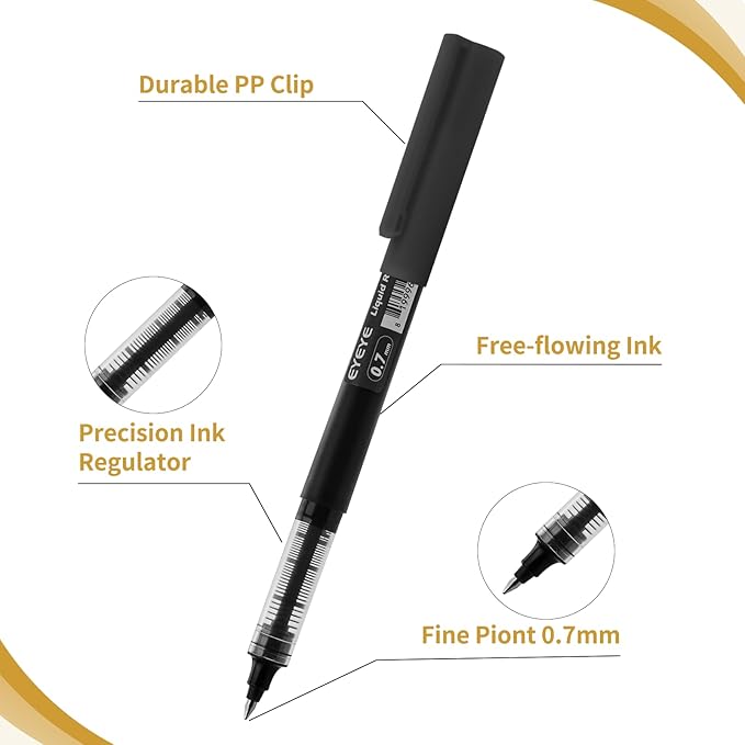 EYEYE Black Rollerball Pens 0.7mm Fine Point, 24 Pack Rollering Ball Pen Quick Dry, Liquid Ink Pen Fine Point Smooth Writing Pens for Journaling, Note Taking, Office and School Supplies