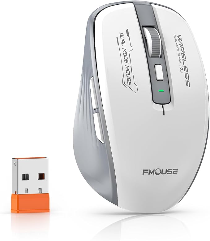 Wireless Mouse (Bluetooth & 2.4GHz USB) with Forward/Backward Side Keys, Silent Click, Ergonomic Portable AA Battery Mice for Laptop/Mac/iPad - Office & Travel Use, White & Grey