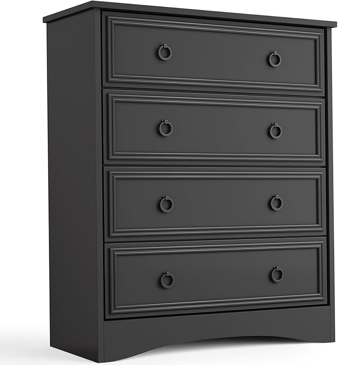 LGHM Modern 4 Drawer Dresser, Tall Dressers for Bedroom, Chest of Drawers Closet Organizers and Storage for Clothes - Easy Pull Handle, Textured Borders Drawers for Living Room, Hallway, Black