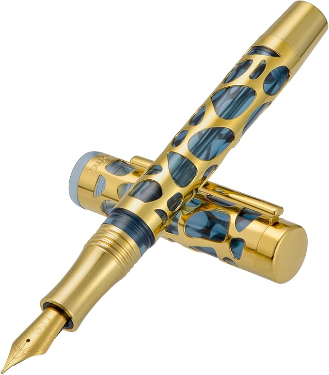 Asvine V169 Vacuum Filling Fountain Pen Extra Fine Nib, Water Drop Skeleton Gold Trim Transparent Gray Blue Acrylic Pen Case Set