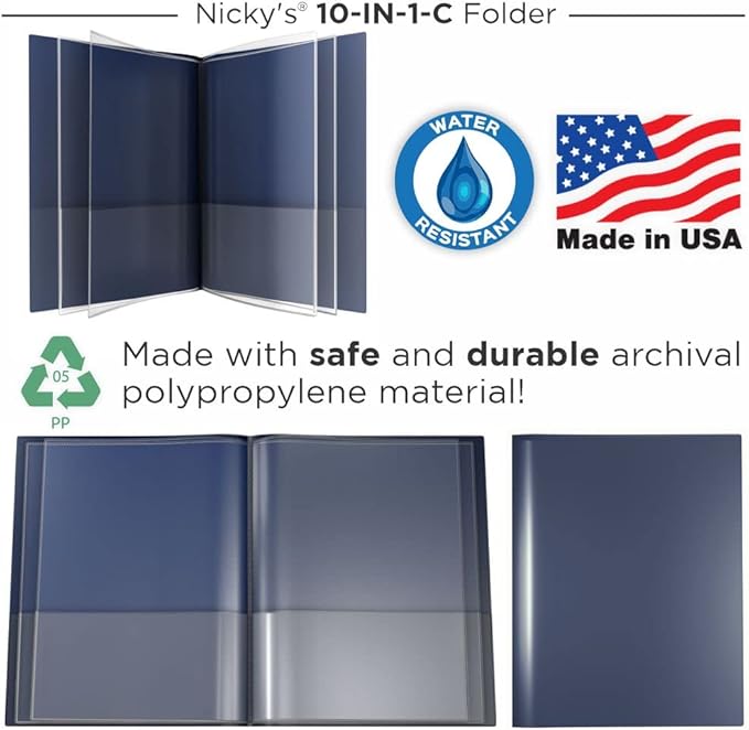 Nicky's® Multi Pocket Organizer, 10 or 14 Page Folder, Waterproof, Patented Tear-Resistant, Flexible Plastic, Proudly Made in USA, Binder Substitute. (10-in-1 Clear Inside/Navy Blue Outside)