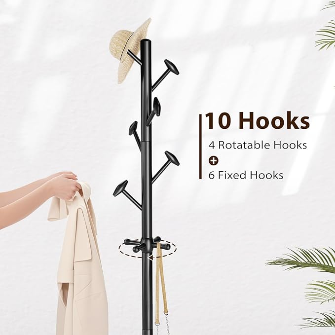 Solid Wood Coat Rack Freestanding Coat Tree with 10 Hooks for Bedroom, Livingroom, Entryway, Sturdy Coat Hanger Stand for Hats, Coats, Scarves, Handbags, Purses