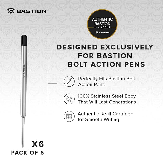 BASTION® Premium Pen Refill, Deeply Pigmented Ink for All Bastion Bolt Action Luxury Pens, Standard Ink Refill with 0.55mm Fine Tip - Black 6 Pieces
