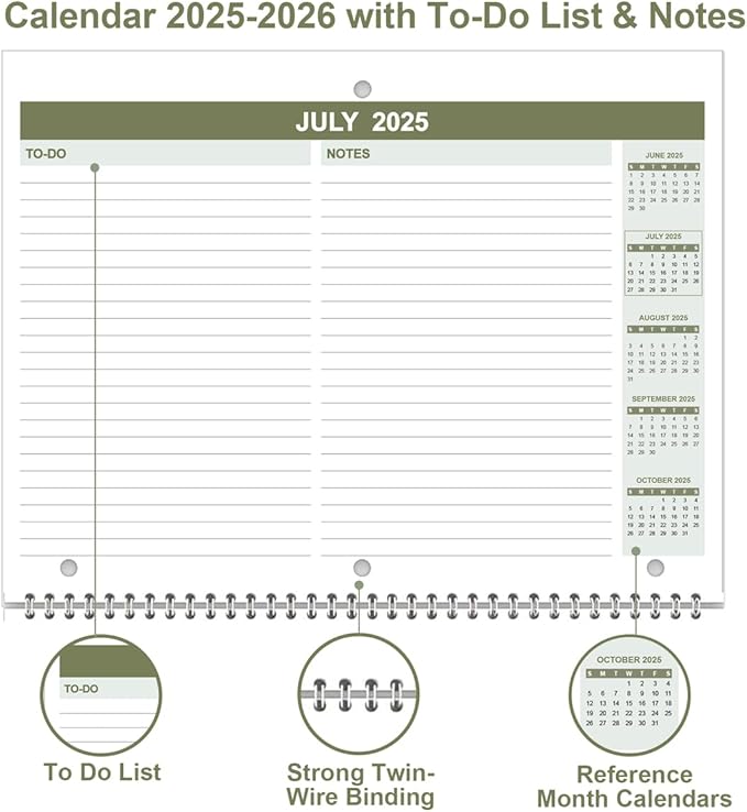 Calendar 2025-2026 for 3 Ring Binder - Calendar 2025-2026 from July 2025 - December 2026, 18 Months Calendar with Premium Paper, 3-Hole Wall Calendar, 8.5" x 11", Green