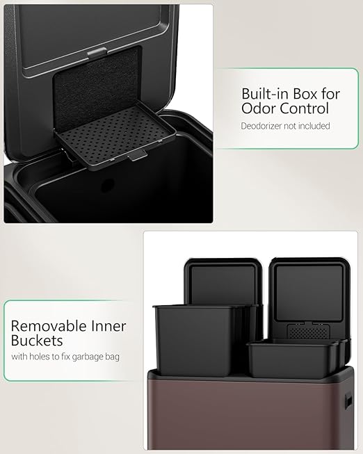 TLSUNNY Kitchen Dual Trash Can, 60L Hands-Free Stainless Steel Garbage Can, Classified Rubbish Bin with Double Compartments, Soft-Close Lid, Inner Bucket, Odor Control (60L) (Brown)