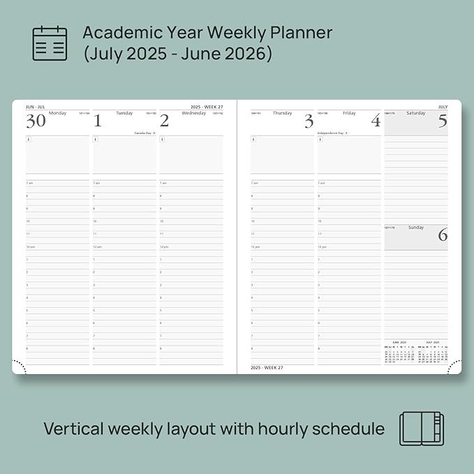 POPRUN Planner 2025-2026, (Large 8.5'' x 10.5'' Hard Cover) Academic Calendar (July 25-June 26) Daily Weekly and Monthly Appointment Book with Hourly Time Slots, Monthly Tabs, 100 GSM - Pacific Green