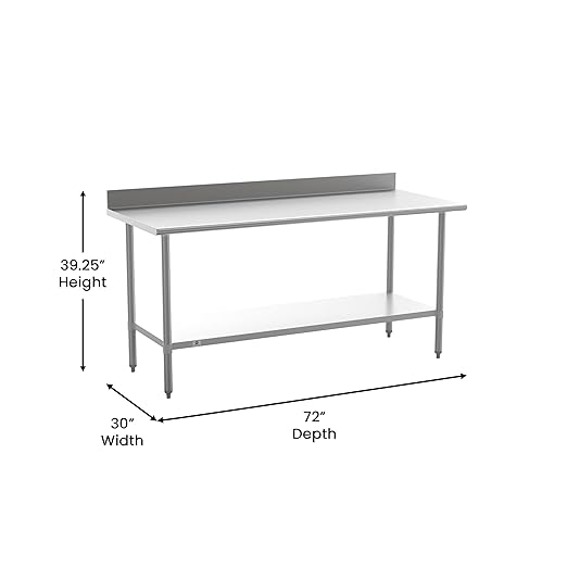Flash Furniture Reese Commercial Stainless Steel Prep/Work Table for Back Kitchen, 430 Stainless Steel, 18 Gauge, Adjustable Shelf, 4" Backsplash, 30" x 72"