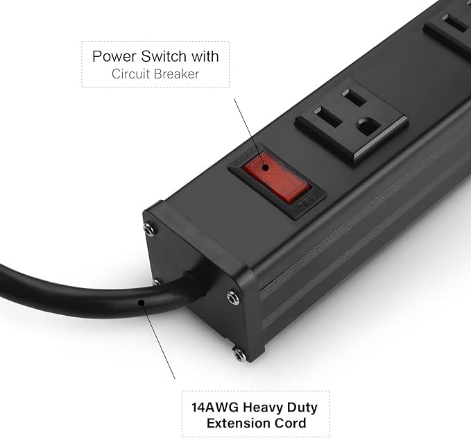 Long Heavy Duty 16 Outlet Large Metal Garage Workshop Multi Wide Industrial Power Strip. 6FT Cord 15A, 125V, 1875W (Black)