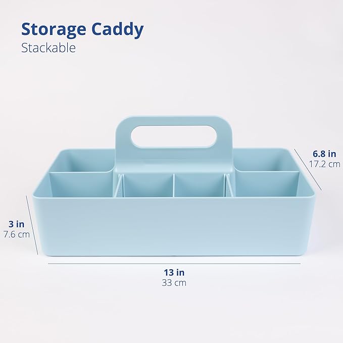 BLUE GINKGO Stackable Organizer Caddy – Korean-Made Portable Tote for Bathroom, Office, Crafts, or School Supplies (Long Rectangle, Blue)