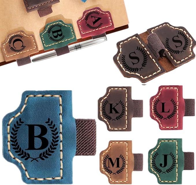 Custom Bookmark with Pen Holder with 26 Letters Personalized Magnetic Leather Book Mark, Customized Name Book Marker Clip with Initial for Men Women, Gifts for Book Lovers, Readers, (Blue, B)