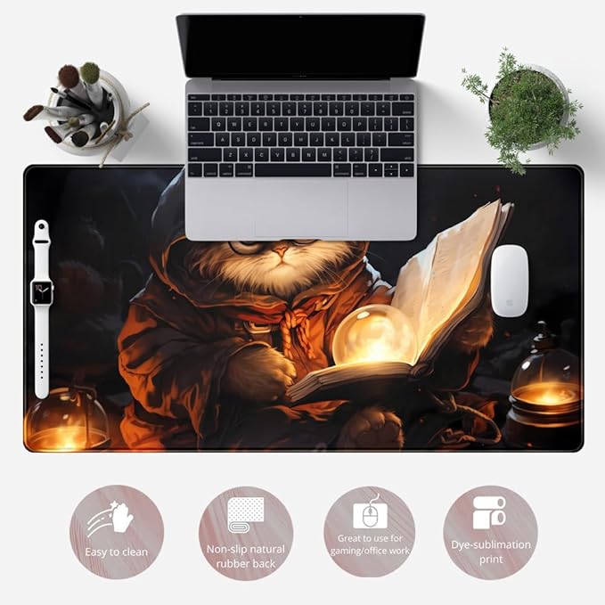 Magical Cat Desk Mouse Mat Black Vintage Desk Pad Playmat for MTG Large Mousepad Gaming Deskpad XXL Keyboard Mouse Pad Full Desktop Mat Desk Cover Mat for Work Office Home (31.5x15.7 in)