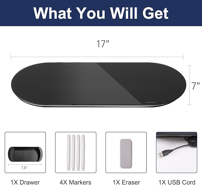 TSJ OFFICE Glass Desktop Whiteboard - 17 X 7 Inches Small Dry Erase Board with Green Light, Black Glass White Board Surface Notepad with 1 Drawer, Desk Organizers for Office, Home, School Supplies