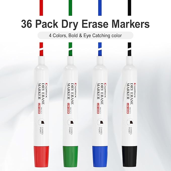 Comix Dry Erase Markers, Chisel Tip White Board Markers, 36 Bulk 4 Assorted Colors Low Odor Markers for Teachers Office & School Supplies