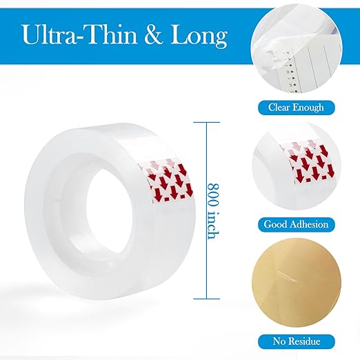 72 Rolls Clear Tape Refills, Bulk Transparent Tape for Dispensers, Stationery Gift Wrap Tape for School, Home, Office, High Viscosity, Odorless, 1 Inch Core, 3/4 x 800 inches