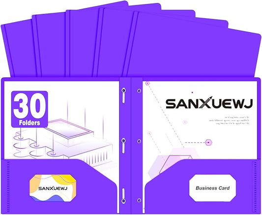 30 Pack Two Pocket Folders Business Card Holder Plastic Folders with Prongs for School Office Filing Cabinet Resume Portfolio (Purple)