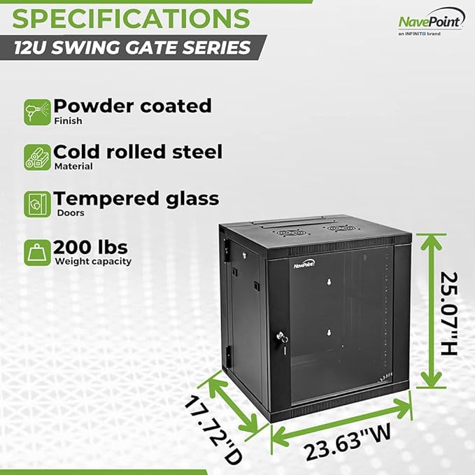 NavePoint Server Cabinet with Hinged Back - 17.7' Deep, 12U Rack Enclosure with Locking Glass Door, Wall Mount Rack with Removable Side Panels, Network Cabinet with 2 Fans, Assembled