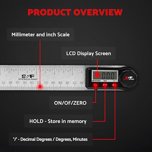 Digital Angle Finder Tool for Woodworking 7 inch / 200 mm, Stainless Steel with Case, Digital Protractor Angle Finder for Measurement by S&F STEAD & FAST