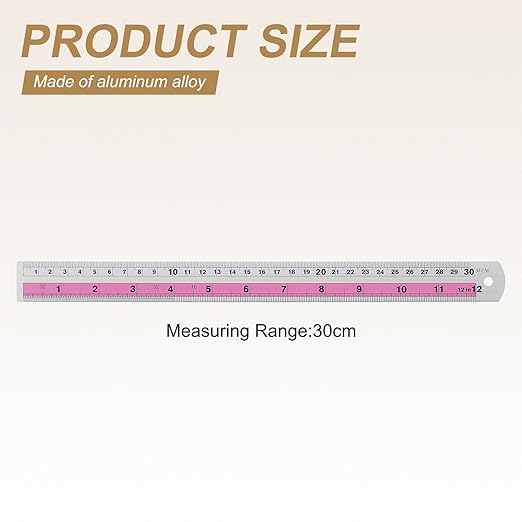 HARFINGTON 4pcs Metal Straight Ruler 30cm Metric SAE Aluminum Alloy Measuring Rulers Scale Tools with Hole for Measure Study Reading Classroom Office, Pink
