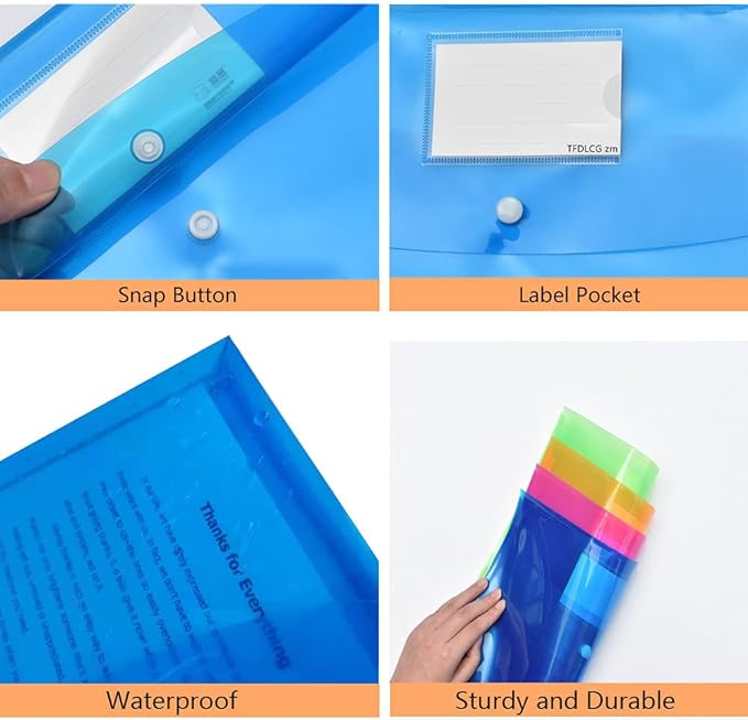 5 Pack Large-Capacity Colored Transparent Document Folder,TFDLCG zm Plastic Envelopes with snap Closure Poly Envelopes,A4 Letter Size(13"×9.5") for School Home Office,Assorted Colors