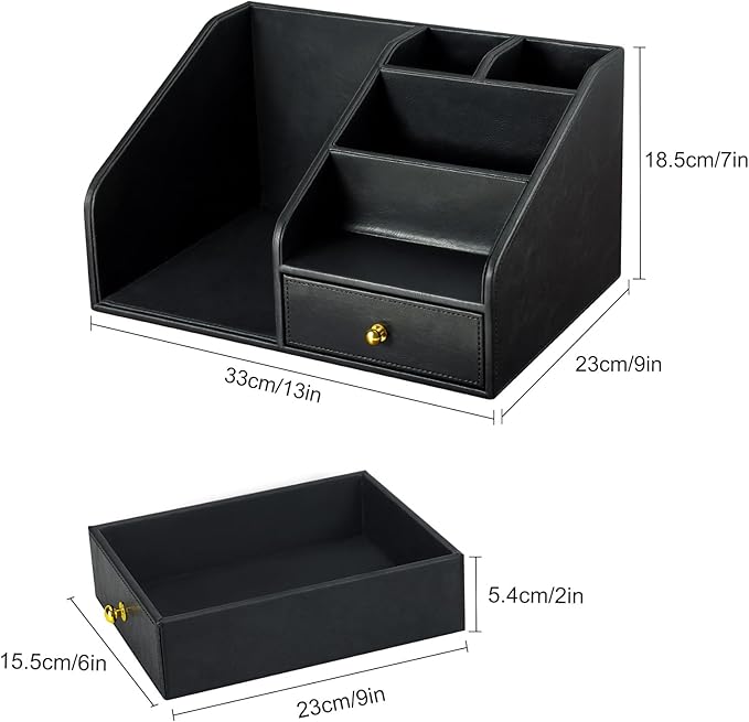 KINGFOM PU Leather Desk Organizer, Multifunction 6 Compartment Desk Organizers and Accessories for Office Supplies, Pen Pencil Holder/Book Mail Organizer Holder for Desk with Drawer(Black)