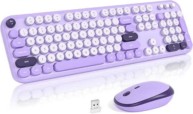 MOFII Wireless Keyboard and Mouse, Retro Typewriter Keyboard and Silent Mouse, 2.4GHz Full Size Keyboard and Mouse Wireless Combo for Laptop, PC, Desktop, Windows (Violet)
