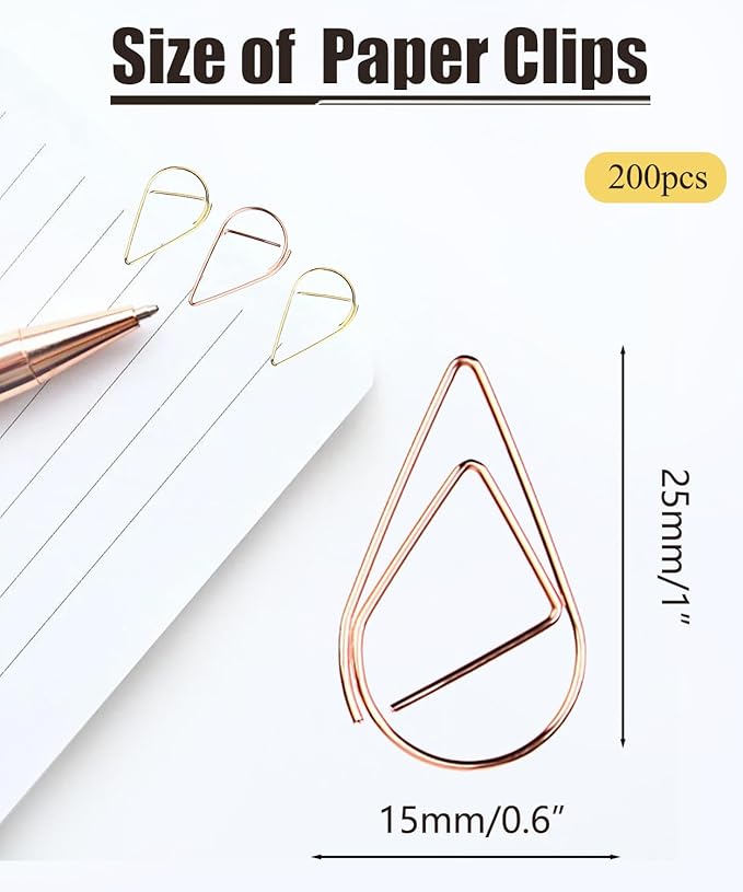 200 Pcs Teardrop Paper Clips Bulk,Stainless Steel Rust-Resistant Paperclips for Wedding Invitations, 3X Stronger Hold with Mirror Polish(Rose Gold + Gold, 1inch)