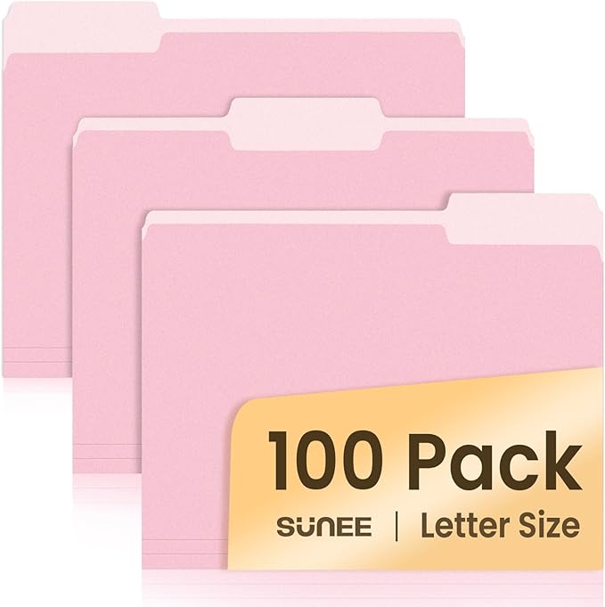 SUNEE File Folders Letter Size Pink, 100 Pack Manilla Folders 8.5 x 11 1/3-Cut Tabs, Colored File Folders Office Home School for Documents Files Paper