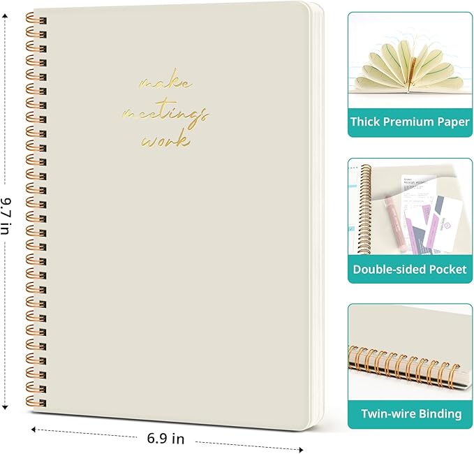 Meeting Notebook for Work Organization - Work notebook with action items, Meeting Minutes Planner Notebook, Perfect Office Supplies for Men & Women - Beige