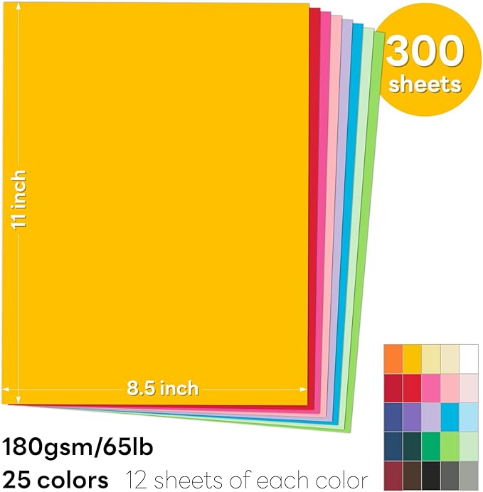 300 Sheets Colored Cardstock 8.5 x 11, Goefun 25 Colors Colored Printer Paper 65lb Construction Paper Assorted Colors for Crafts & Scrapbooking