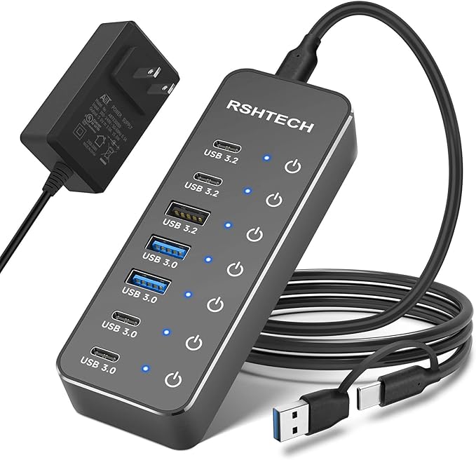 RSHTECH 7-Port Powered USB 3.2/USB-C Hub Splitter with 3 x 10Gbps USB-3.2 Ports (2C + 1A),4 USB-3.0 Ports (2C + 2A), 3.3ft Cable, Touch Switches, and 5V Power Adapter for Laptop PC