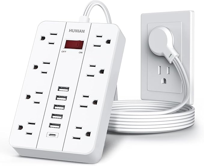 Power Strip with USB, Flat Plug Extension Cord Surge Protector 5 Ft, HUNIAN Power Strip with 8 Widely Spaced Outlets 6 USB Charger (1 USB C Port), Desk Charging Station for Home Office, White