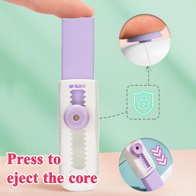M&G 4+1 Pack Rubber Erasers Sliding Retractable Eraser, Soft Cute Erasers Push Pull Large Pencil Eraser with Plastic Sleeve 4 Refill Eraser for Students Kids, School Office Home Supplies (Purple)